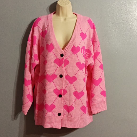 Shein Plus pink with pink  heart pattern drop shoulder cardigan duster s… - Picture 7 of 17